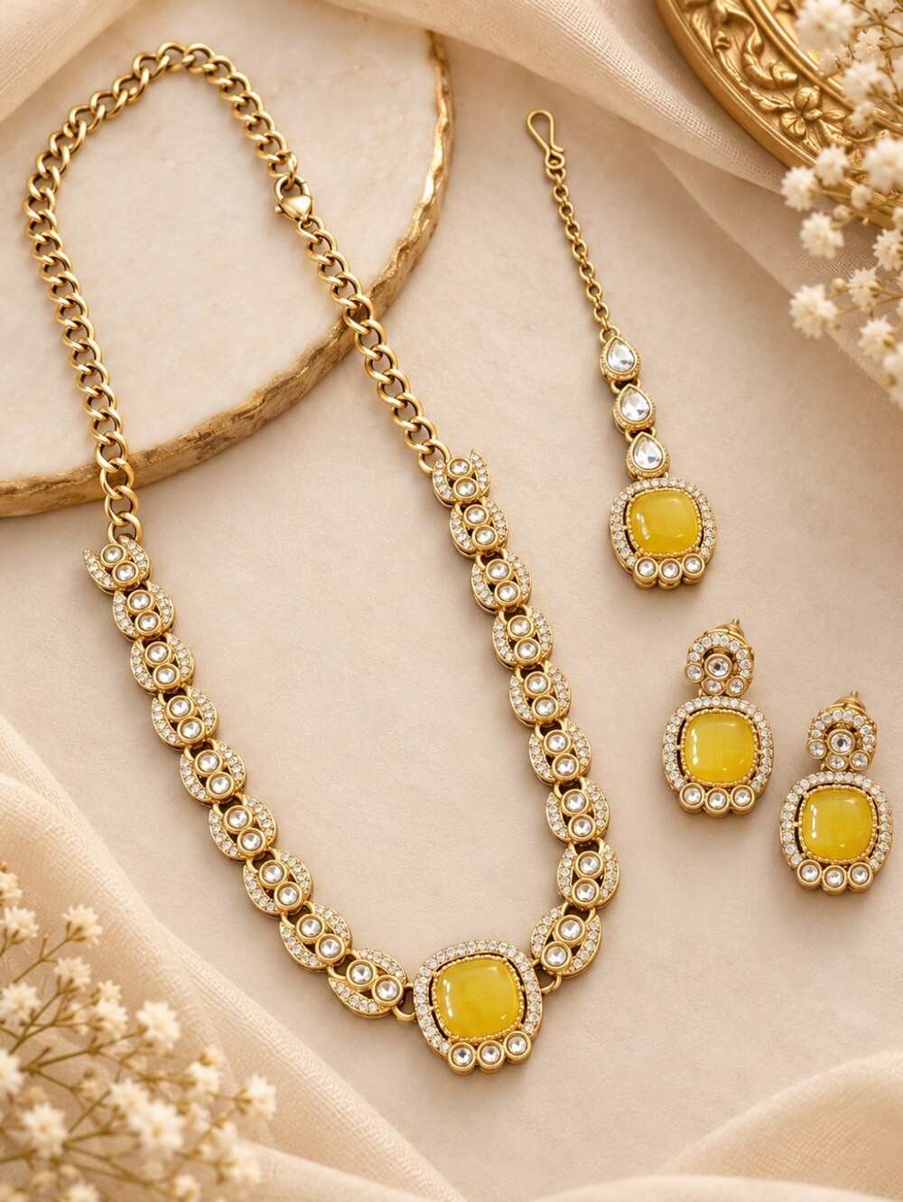 Yellow Polki Necklace Set with Earrings & Maang Tikka | Indian Jewelry